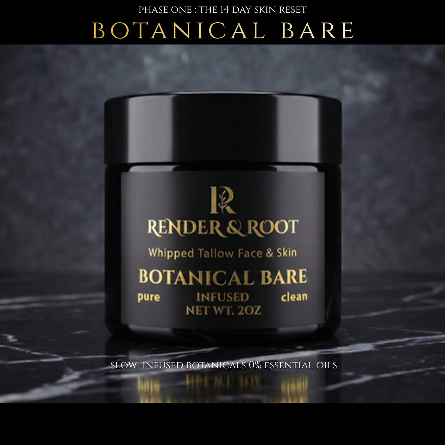 Render & Root Botanical Bare skincare product jar on a dark background