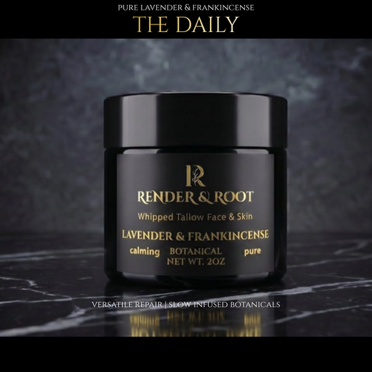 Black jar of Render & Root lavender and frankincense product on a dark background