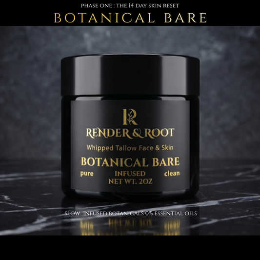 Render & Root Botanical Bare skincare product jar on a dark background
