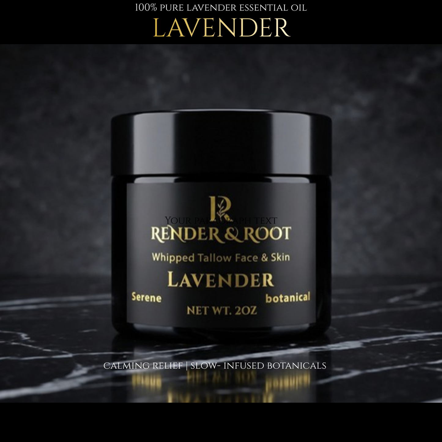 Black jar of Render & Root lavender facial product on a dark background