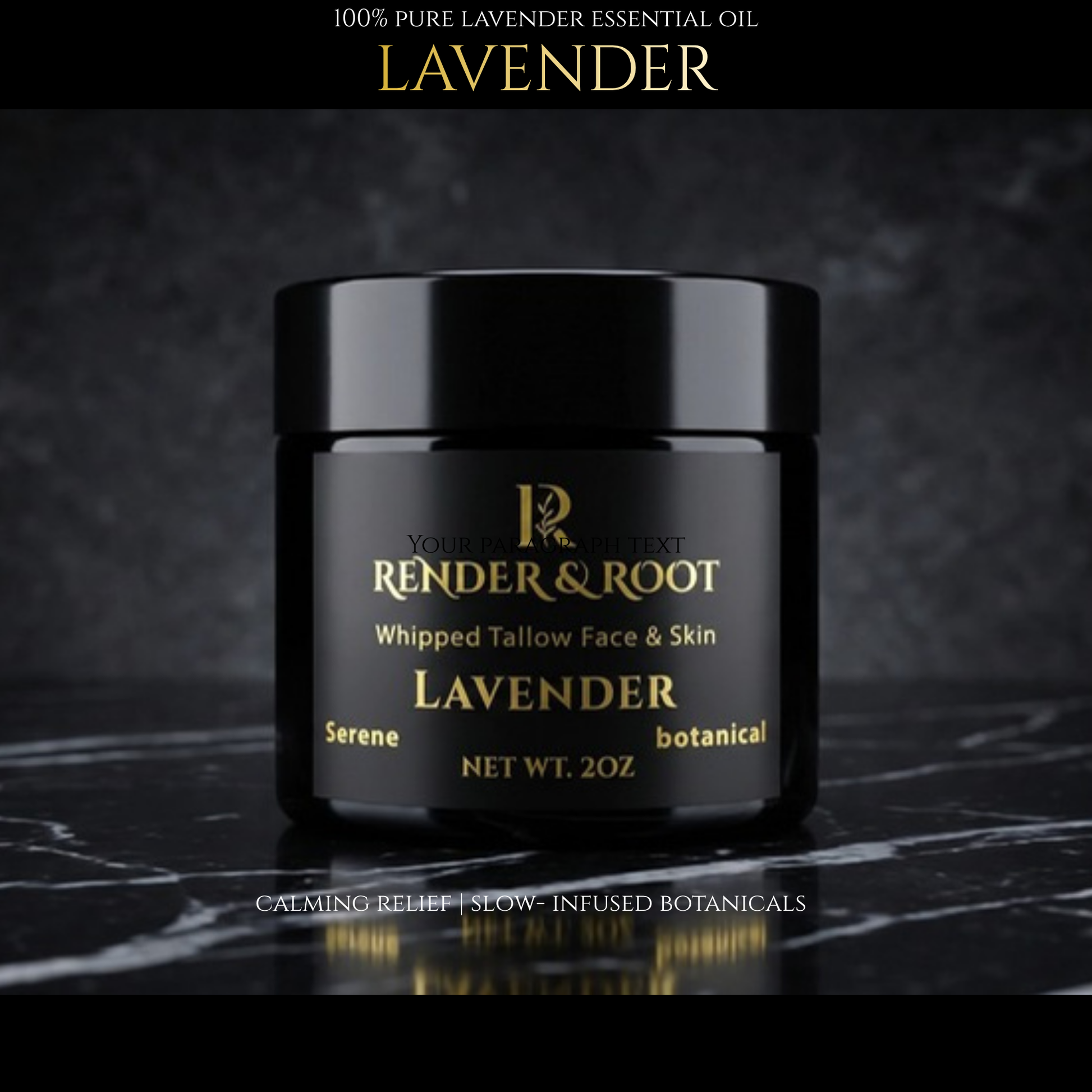 Black jar of Render & Root lavender facial product on a dark background