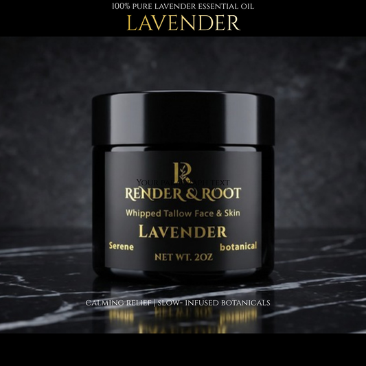 Black jar of Render & Root lavender facial product on a dark background