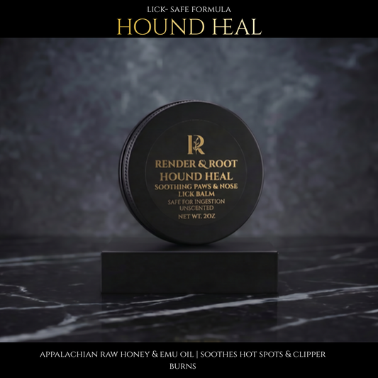 Render & Root Hound Heal balm container on a dark marble background